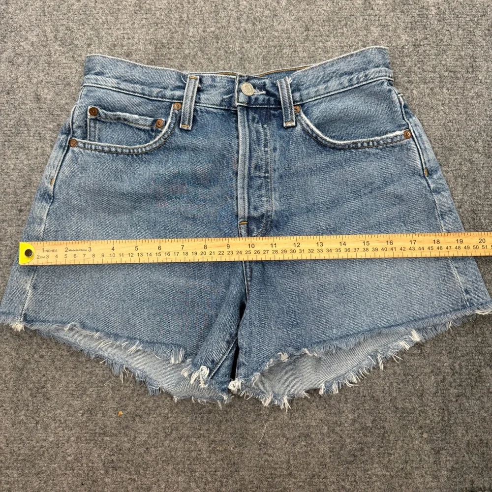 AGOLDE Parker Long High Rise Denim Shorts 26 Blue Frayed Hem